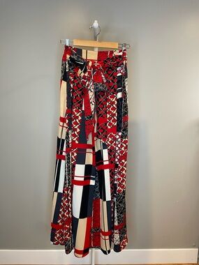Gracia Red/Black/Tan/White Geometric Print Wide-Leg Pants w Waist Tie - Small